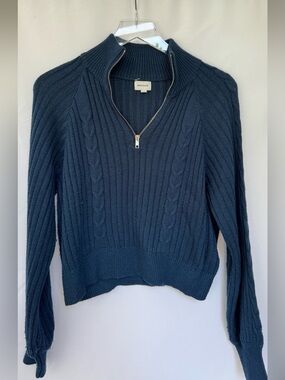 Song of Style - Navy Half-Zip Cable Knit Turtleneck Sweater